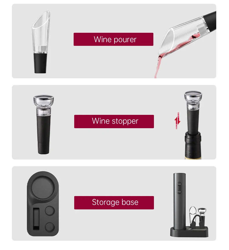 Abridor de Vinho Elétrico Divino - 4 em 1 - Design Elegante e Super Prático!