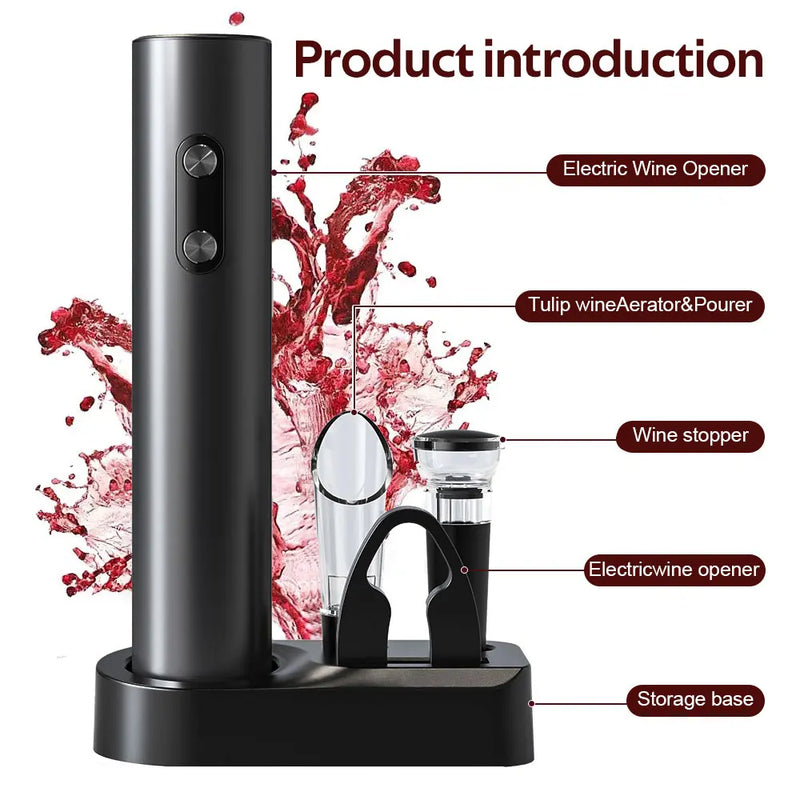Abridor de Vinho Elétrico Divino - 4 em 1 - Design Elegante e Super Prático!