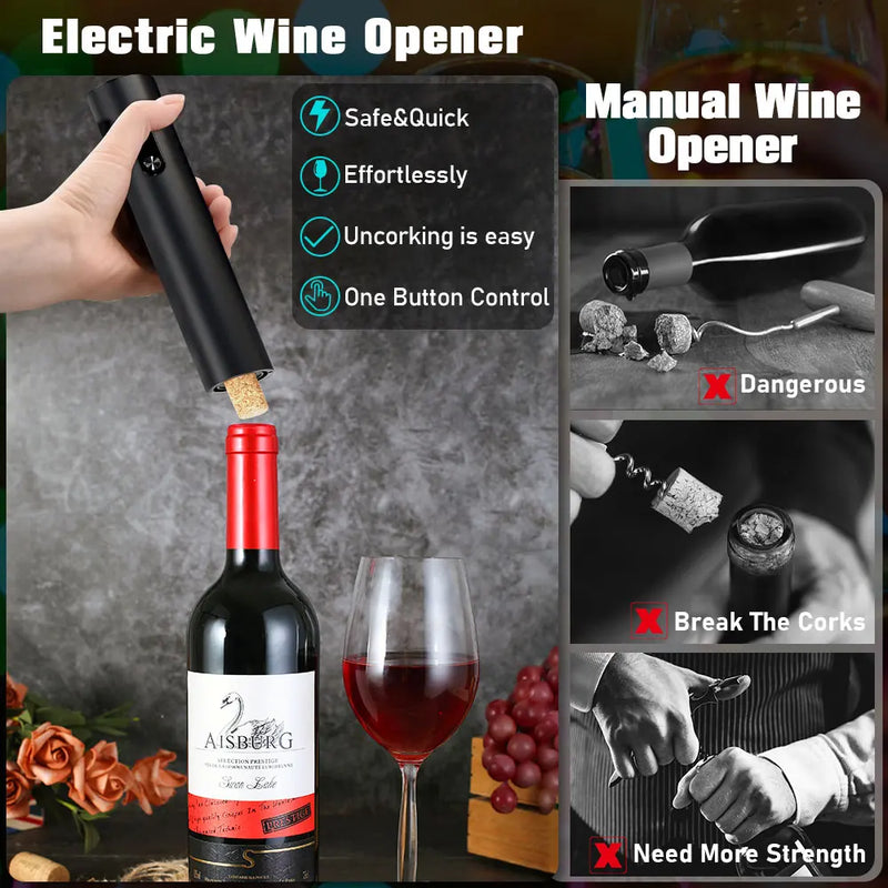 Abridor de Vinho Elétrico Divino - 4 em 1 - Design Elegante e Super Prático!